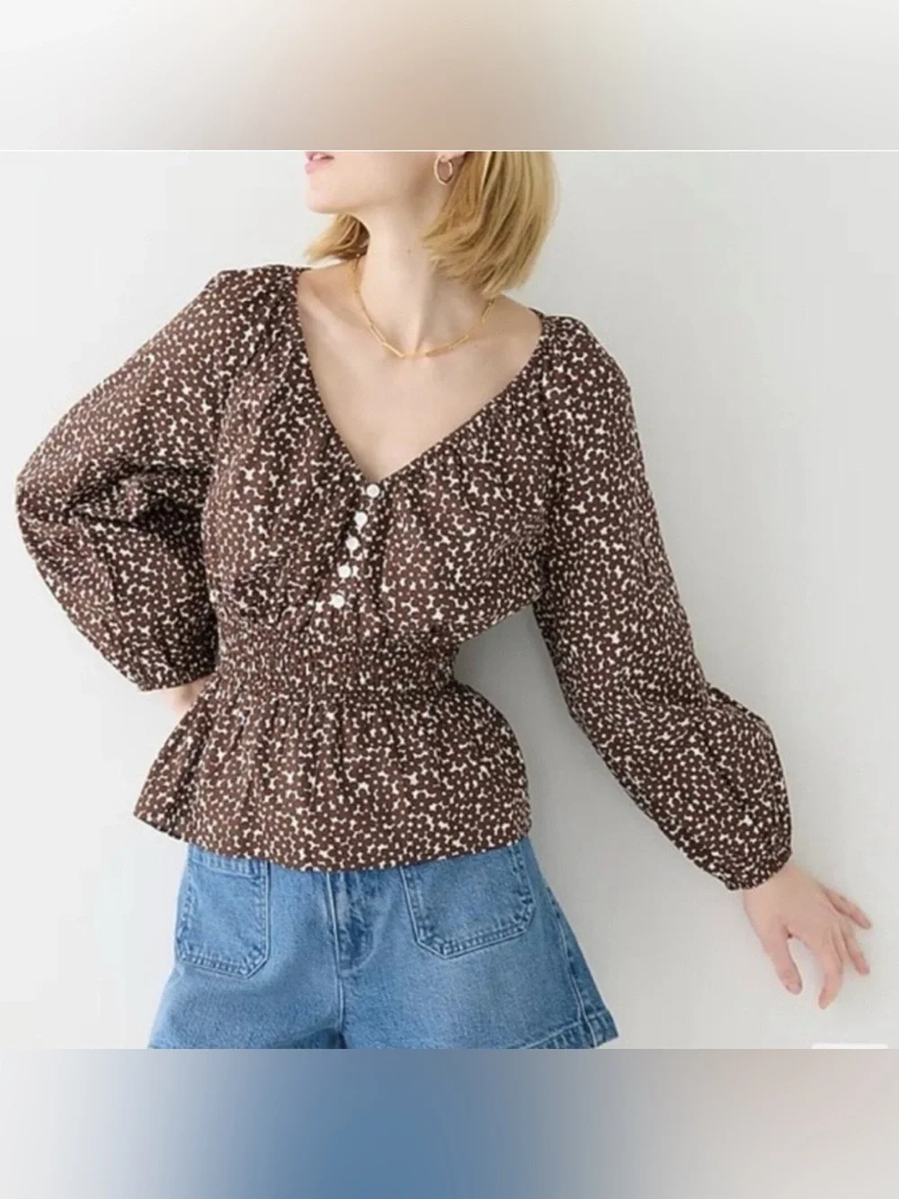 EUC J. Crew V Neck Smocked Waist Peasant Top in Mocha Floral | Women’s Plus XXL